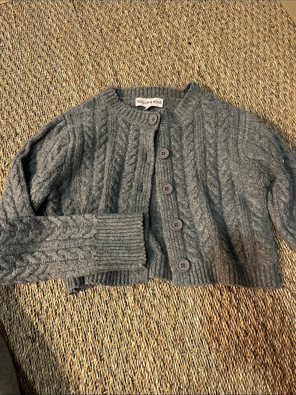 Boutique Gray Cable-Knit Button Cardigan Sweater